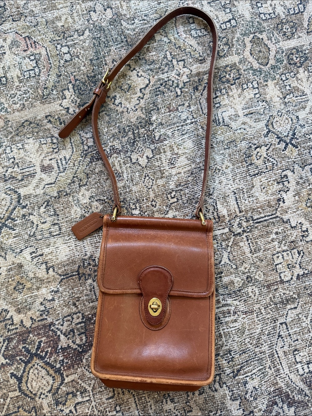 Coach Cognac Brown Leather Messenger Crossbody with Gold-Tone Turn Lock